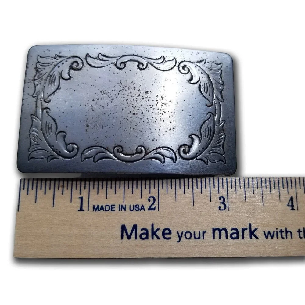 Belt Buckle Silver‎ Color Engraved Stamped Filigree Leaves Western Square USA